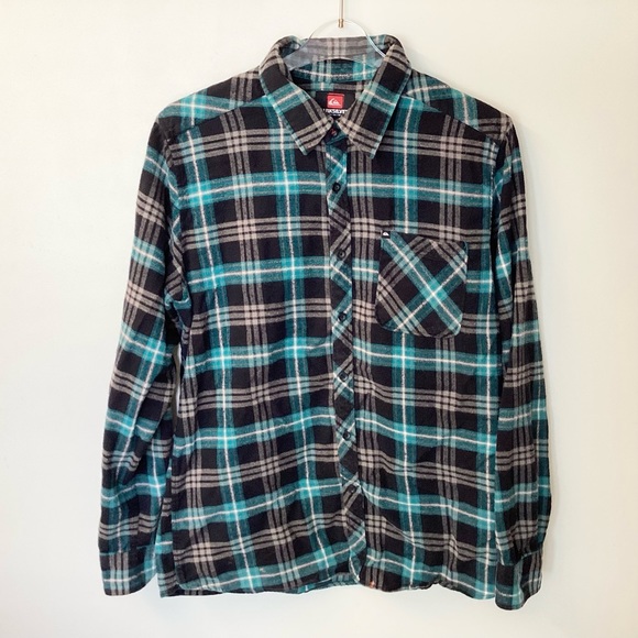 Quiksilver Long Sleeve Plaid Button Up Flannel Shirt - Black/Teal - M - Picture 1 of 6